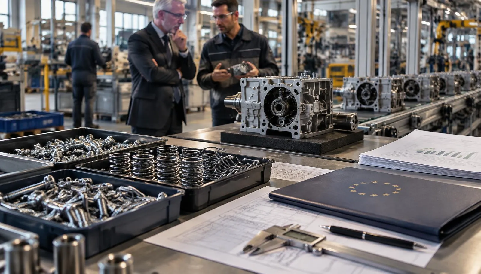 Steel fasteners, springs and machine components on a European manufacturing line during a supply chain review.