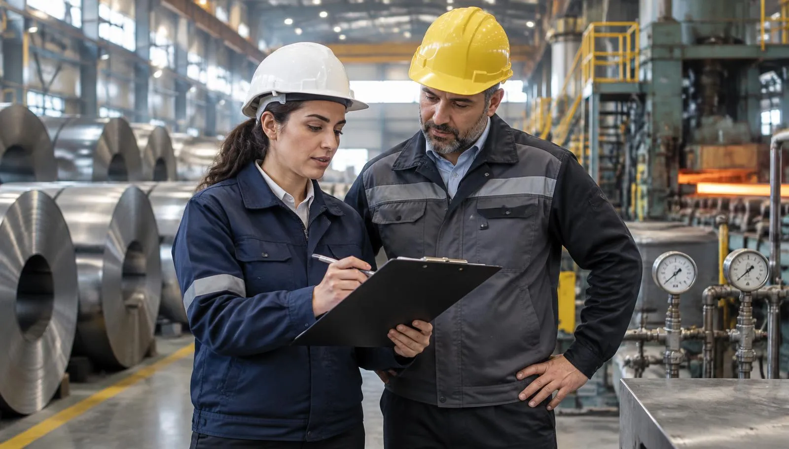 Eine Nachhaltigkeitsexpertin und ein Werksleiter prüfen Produktions- und Emissionsdaten in einem Stahlwerk.