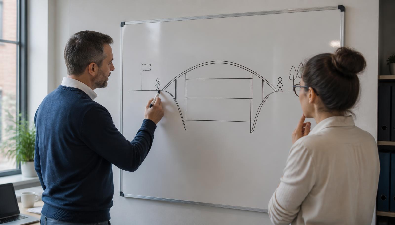 Two leaders sketching the connection between goal, capability and measures on a whiteboard.