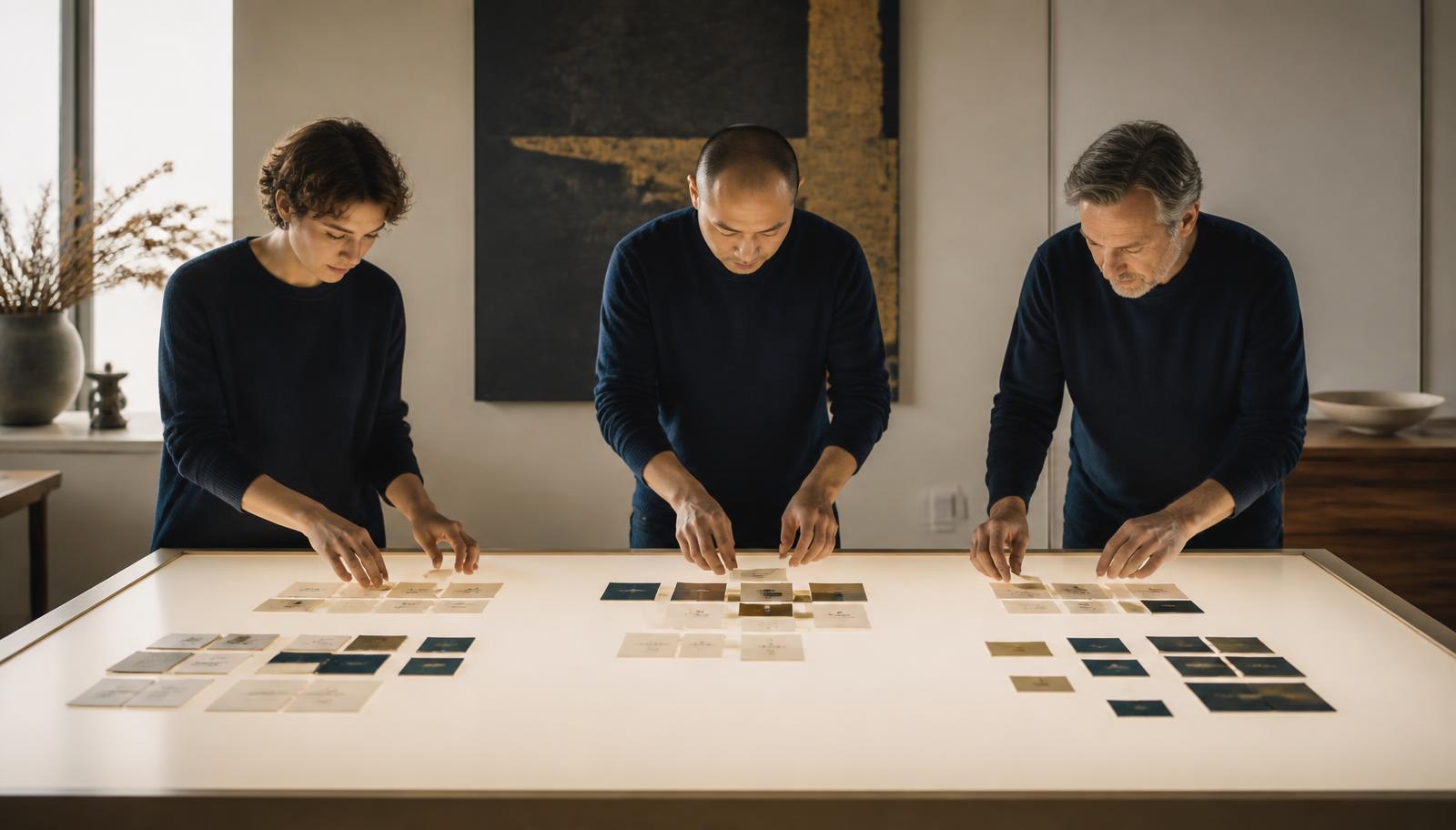 Three working models arranged as separate groups of cards on a table.