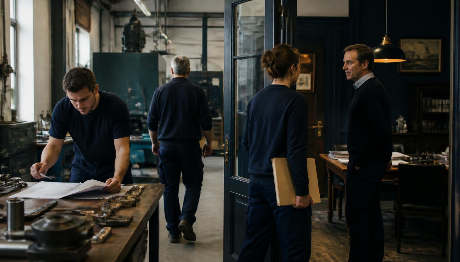 Employees of a technical SME following a real order workflow between workshop and office.