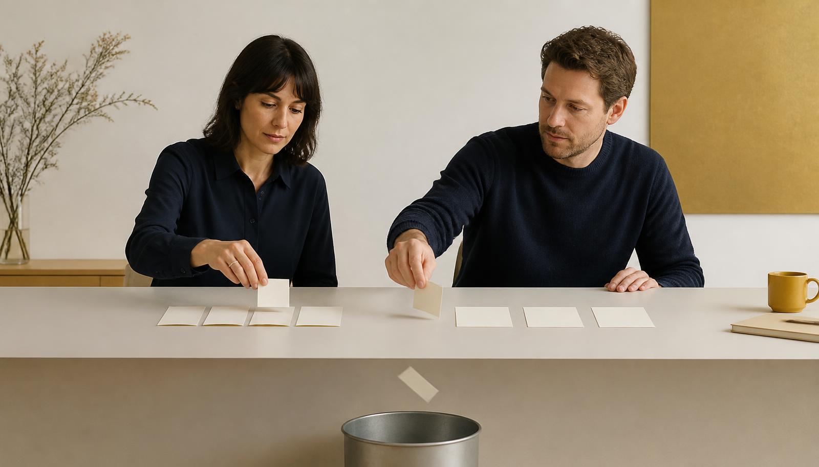 Two people reducing a row of process cards to a few clear steps.