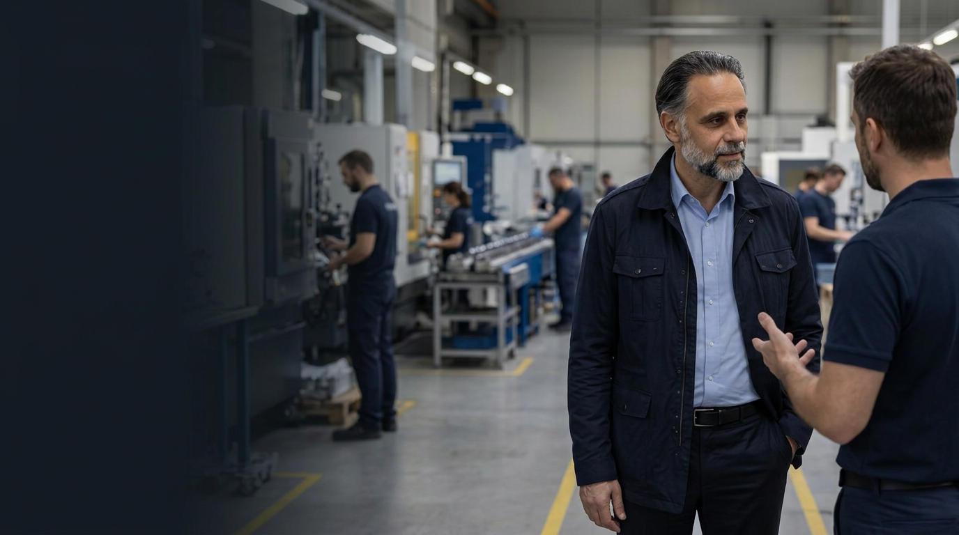 Hasan H. Hasic listening to a colleague in an active factory