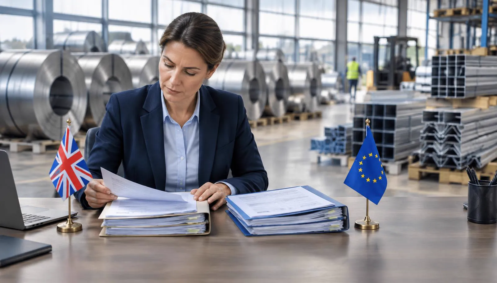 A trade manager comparing UK and EU documentation in a metals warehouse.